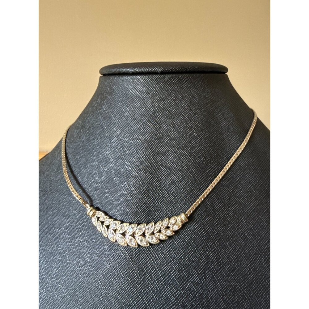 Vintage Gold-Tone Leaf & Rhinestone Necklace With Lobster Clasp